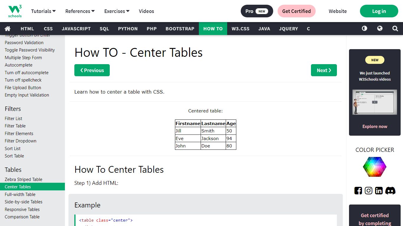 How To Center a Table - W3Schools